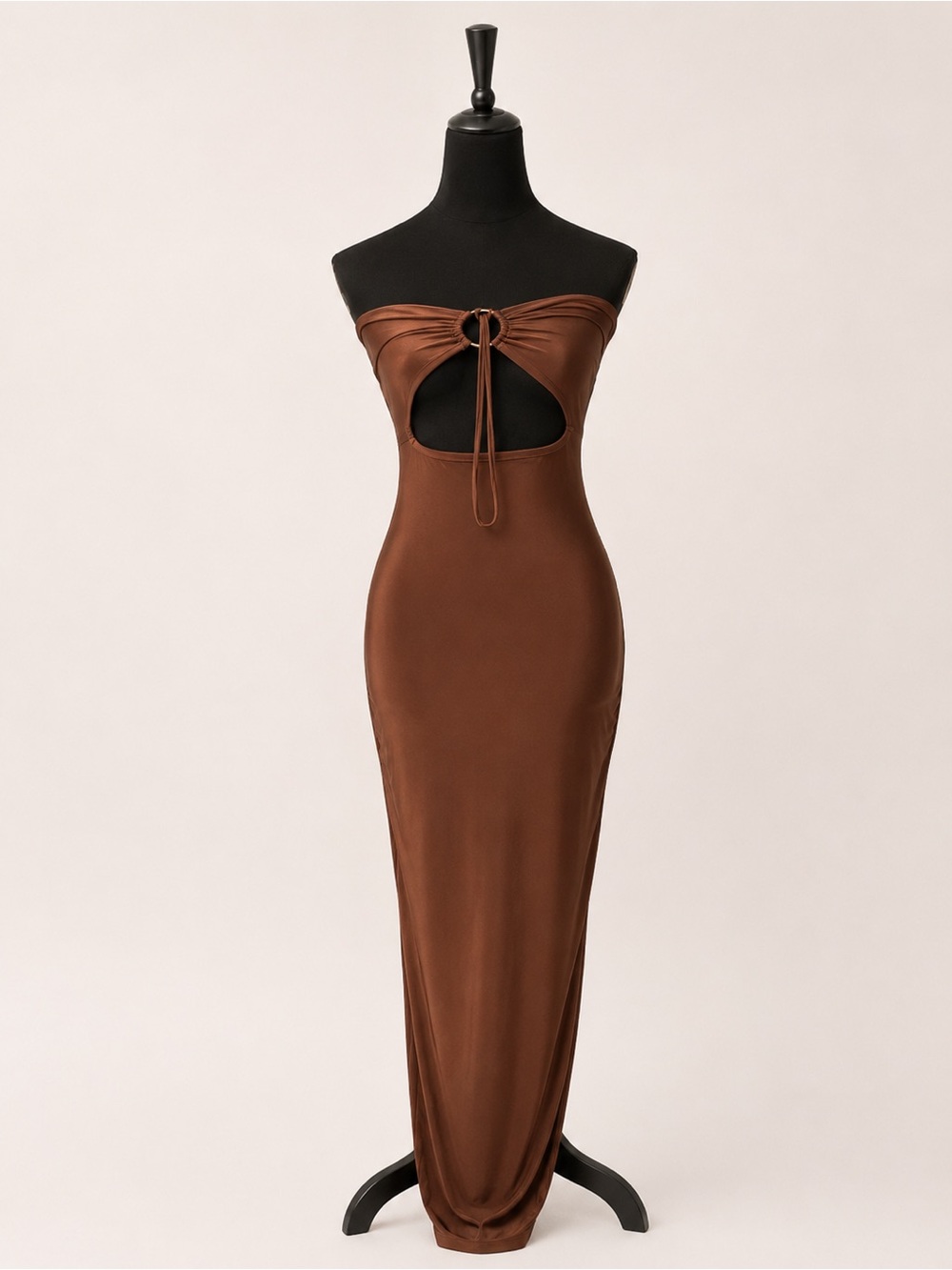 Strapless Brown Cutout Leg Slit Maxi Dress